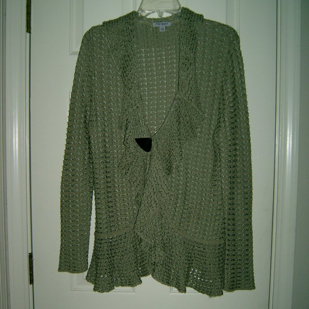 PBJ Dark Tan One Button Waterfall Ruffled Cardigan, Size L